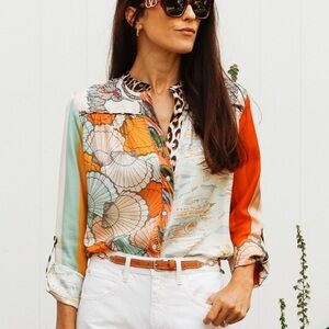 La Prestic Ouiston Romee Silk Blouse Popover Top Mixed Print Bird Snake Leopard
